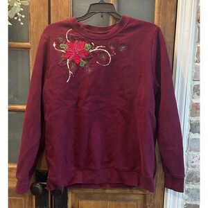Holiday Editions Womens Ugly Sweatshirt L Burgundy Poinsettia Sequin Cottagecore